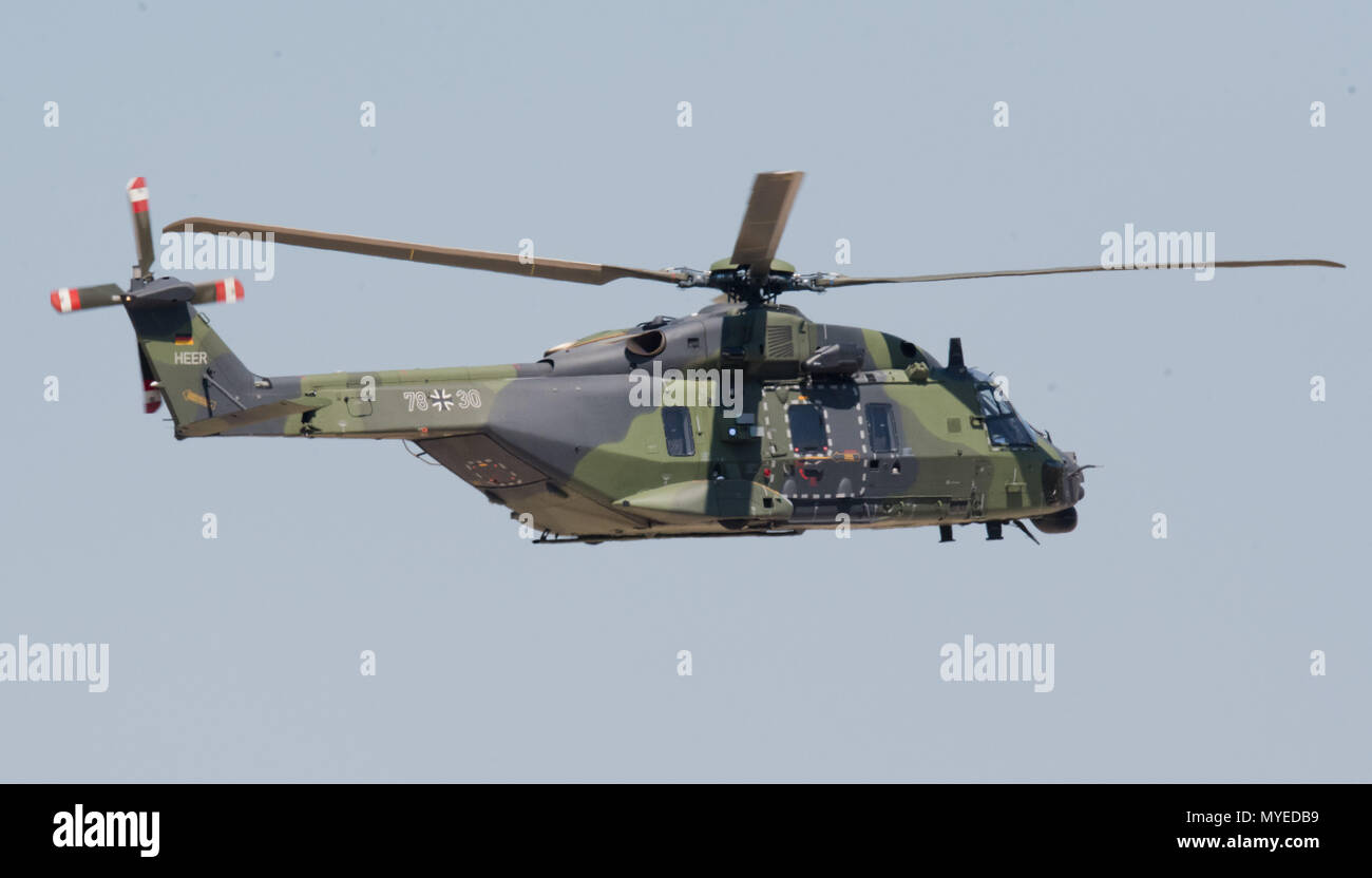 07 June 2018, Germany, Wunstorf: A German Luftwaffe NHIndustries N90 helicopter in flight at Wunstorf airbase near Hanover. Photo: Julian Stratenschulte/dpa Stock Photo