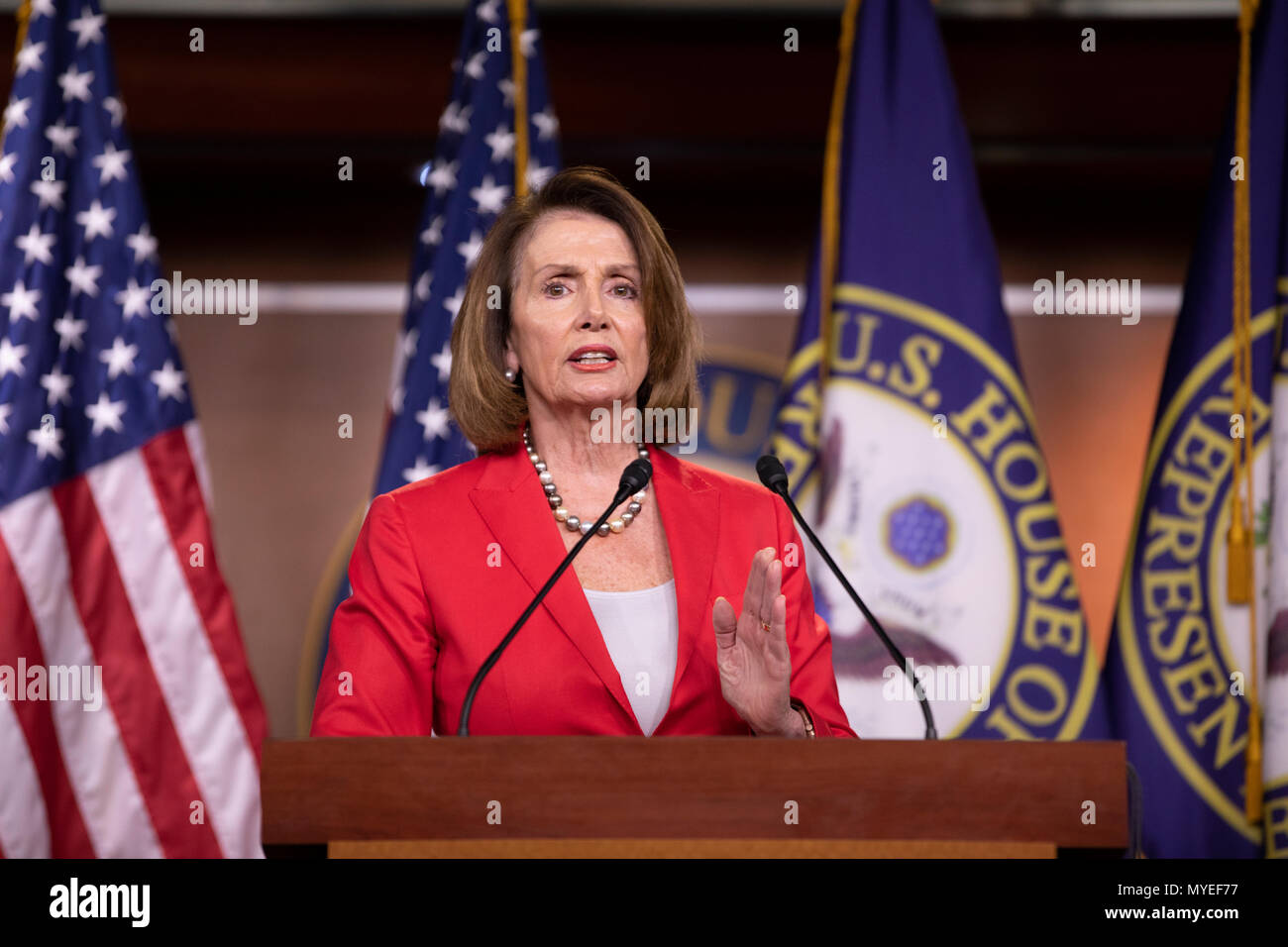 Democratic Leader Nancy Pelosi, Democrat of California, speaks with reporters during her weekly press conference on Capitol Hill in Washington, DC on June 7, 2018. Credit: Alex Edelman/CNP /MediaPunch Stock Photo