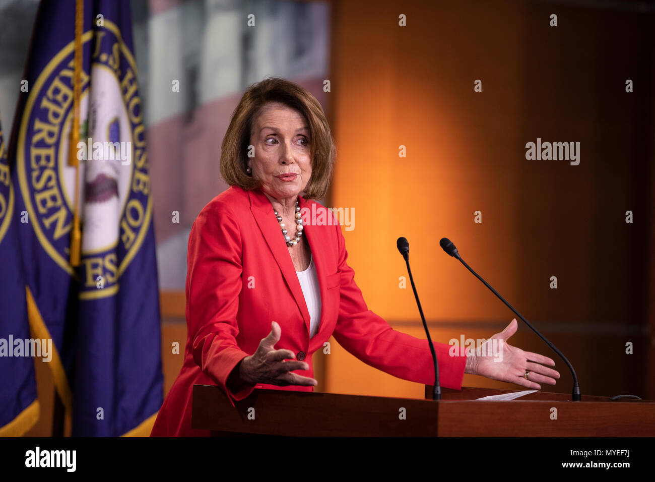 Democratic Leader Nancy Pelosi, Democrat of California, speaks with reporters during her weekly press conference on Capitol Hill in Washington, DC on June 7, 2018. Credit: Alex Edelman/CNP /MediaPunch Stock Photo
