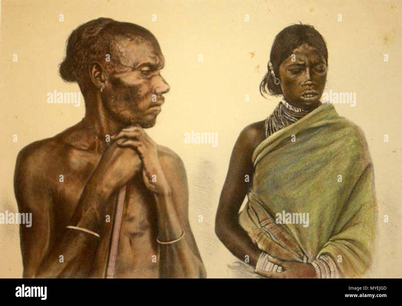 . English: From Dalton's 'Descriptive Ethnology of Bengal,' 1872; engravings with modern hand coloring: 'Bendkar: Male and Female'* 'Bhotia: Man and Woman'* 'Bhuiya: Male and Female'* 'Fakial and Miri'* 'Garos'* 'Ho: Girl and Woman'* 'Juang'* 'Kachari'* 'Kuki'* 'Lepcha: Man and Woman'* (shown above) 'Limbo'* 'Miri: Man and Woman'* 'Mug and Ho'* 'Mundas'* 'Munipuri: Married Woman and Young Girl'* 'Namsang Naga Muttuck'* 'Oraons'*  . 1872. Dalton 73 Bhuiyas Stock Photo