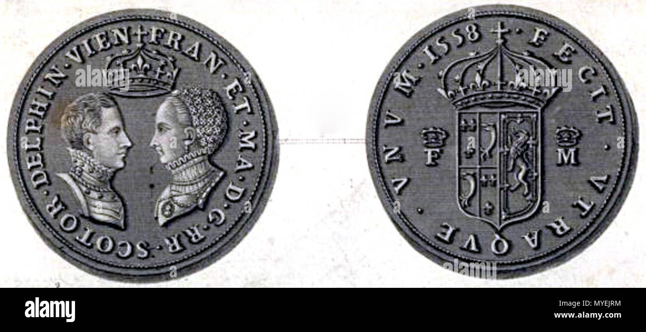English: Medal struck at Paris commemorative of the marriage of Francis,  Dauphin of France, and Mary, Queen of Scots . 1849. Lady Susan Hamilton  (owner) 185 Francis & Mary, medal Stock Photo - Alamy