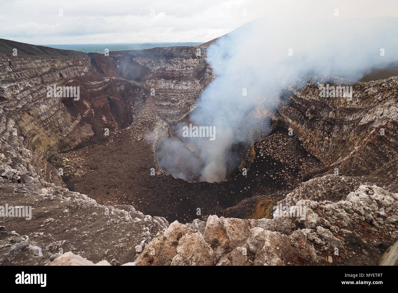 The active volcano in Masaya, Nicaragua with lava pool and gaseous emissions. Stock Photo