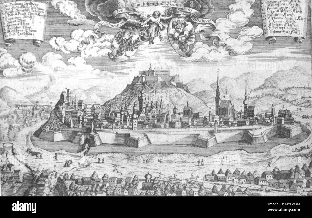 . English: View of Brno in the year 1700. Čeština: Pohled na Brno od severovýchodu na rytině z roku 1700. circa 1700. Unknown 550 View of Brno in the year 1700 Stock Photo