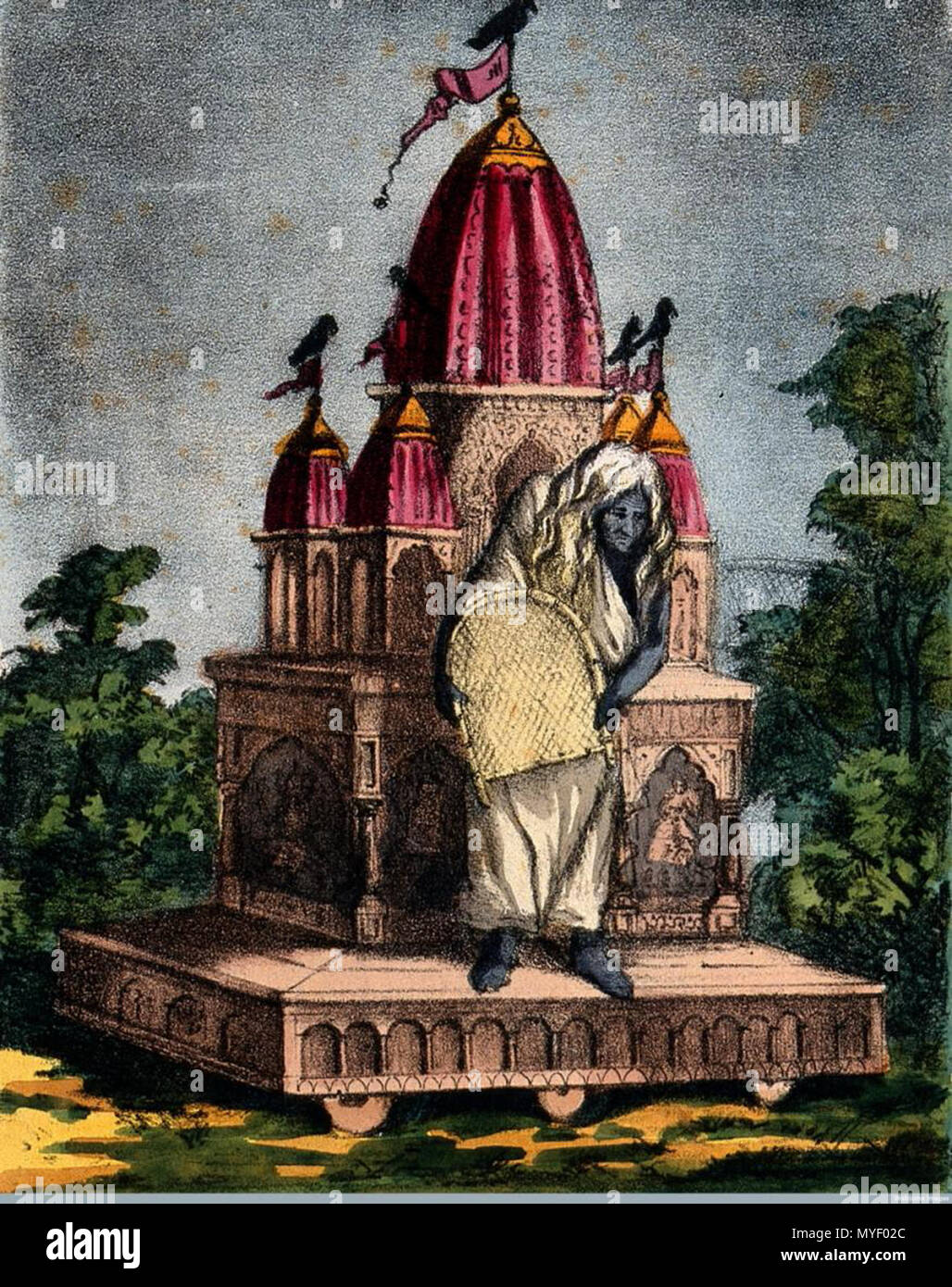 . Dhumávati on a temple chariot. Coloured lithograph.  'Dhūmāvatī meaning the Smokey One, is the seventh mahāvidyā who represents or personifies the final stage of the destruction of the universe by fire. This is a typical representation of her portrayed as a hideous crone, with a long nose and cruel eyes, carrying a winnowing basket' Iconographic Collections . 19th century. Calcutta Art StudioCalcutta (185 Bowbazar Street) 214 Goddess Dhumavati, One of the Mahavidya - Vintage Print b Stock Photo