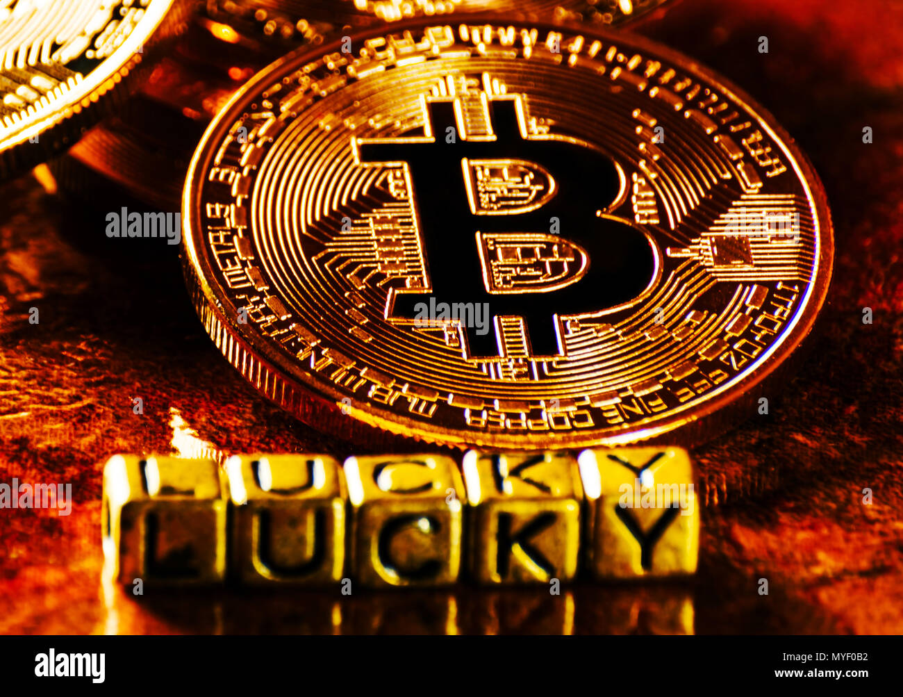 inscription lucky with Crypto currency Golden Bitcoin, BTC, macro-shot  coin, bitcoin mining concept, finance Stock Photo - Alamy