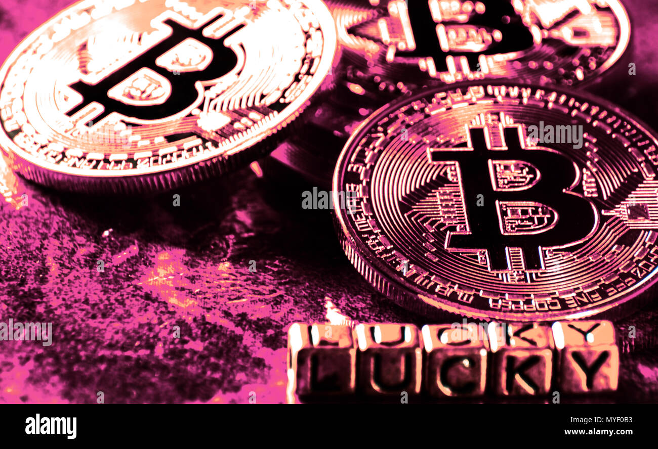 inscription lucky with Crypto currency Golden Bitcoin, BTC, macro-shot coin,  bitcoin mining concept, finance Stock Photo - Alamy
