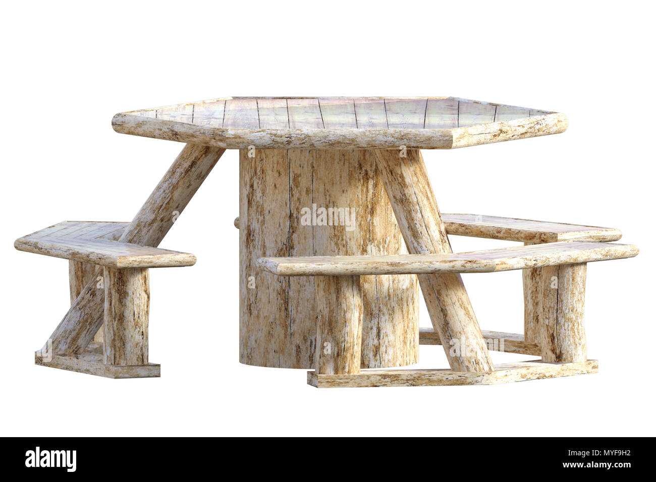 Wooden picnic table and chairs isolated on white, 3d render Stock Photo