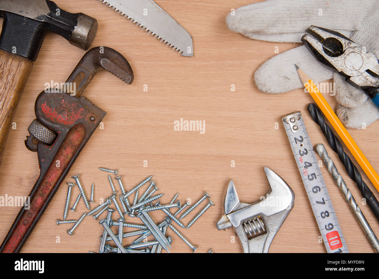 Construction Tools On Wooden Desk Stock Photo