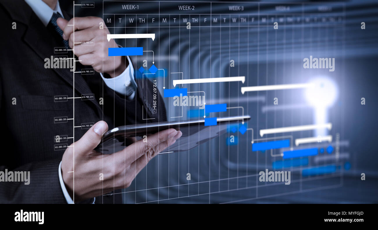 Project manager working and update tasks with milestones progress planning and Gantt chart scheduling diagram.businessman hand use smart phone compute Stock Photo
