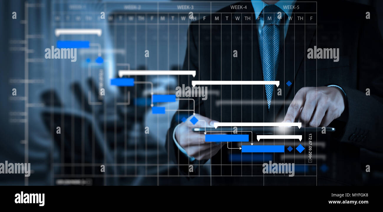Project manager working and update tasks with milestones progress planning and Gantt chart scheduling diagram.Businessman hand working with a digital  Stock Photo