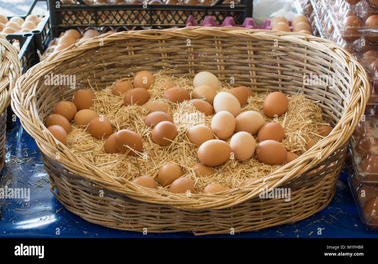 Organic fresh farm eggs in the straw basket Stock Photo - Alamy