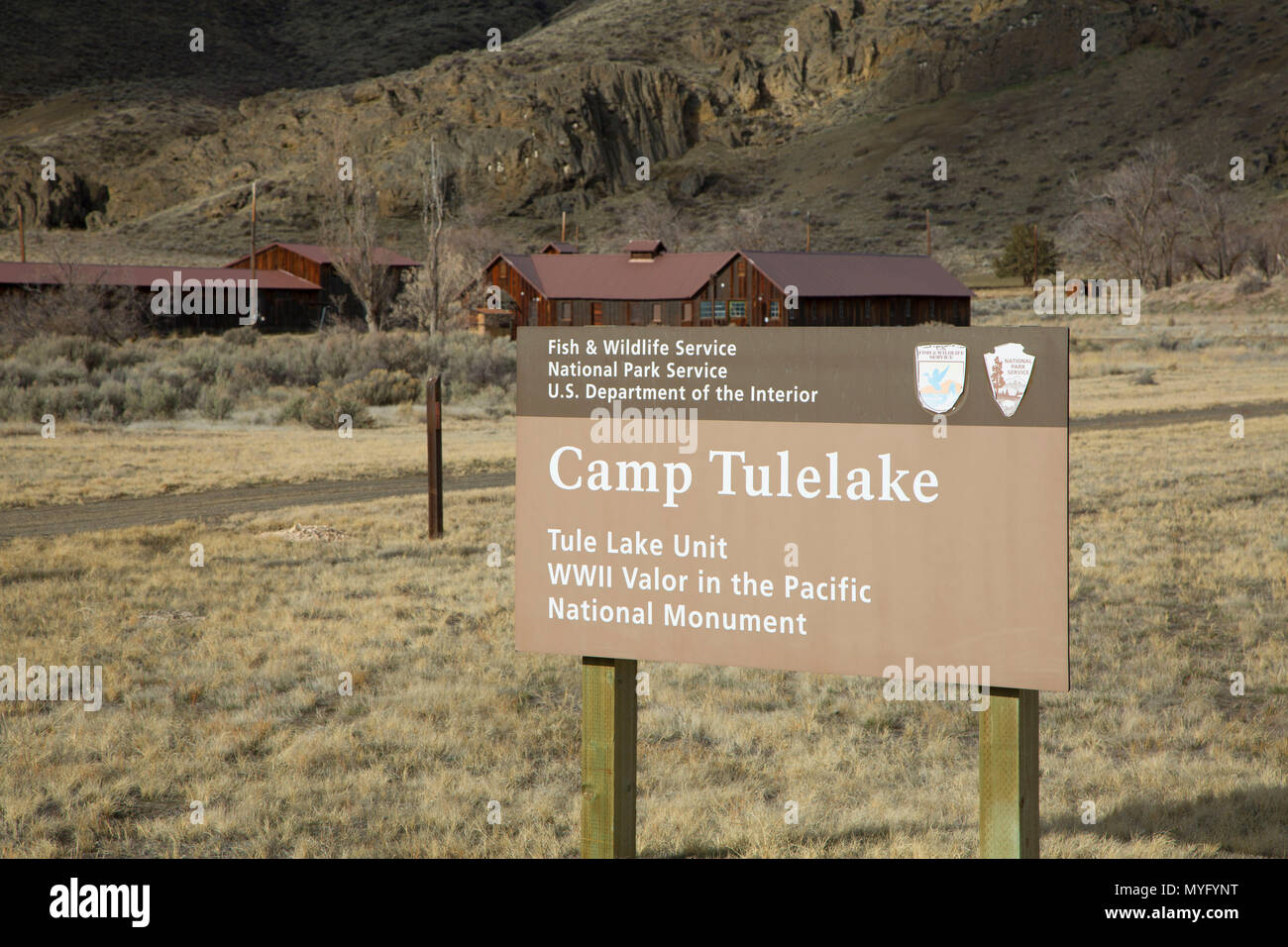 Camp Tule Lake entrance sign, Tule Lake Unit - WWII Valor in the Pacific National Monument, California Stock Photo