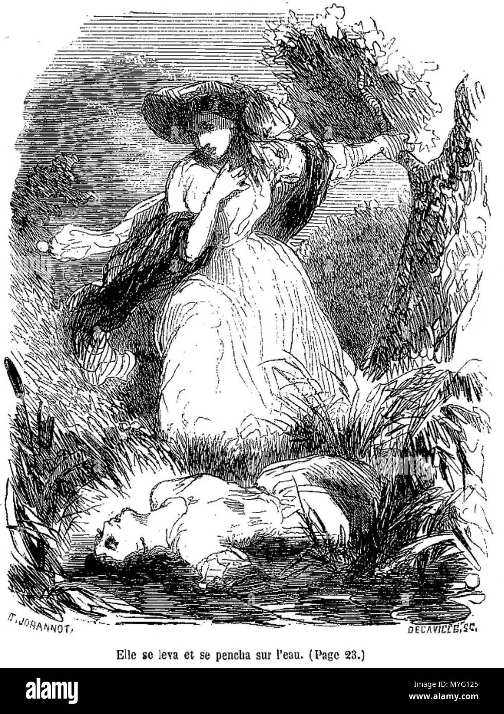 . Français : Illustration de Tony Johannot pour une réédition du roman 'Indiana' de George Sand chez Hetzel (Paris) en 1861. Indiana découvre le cadavre de sa servante Noun flottant dans la rivière de son domaine de Lagny. 'Elle se leva et se pencha au-dessus de l'eau.' Illustration d'un passage figurant à la page 23 de cette édition (première partie, chapitre 8). 1861. Eunostos 207 George Sand's Indiana, Hetzel reedition, 1861, p024, &quot;She stood up and bowed upon the water&quot;, by Tony Johannot Stock Photo