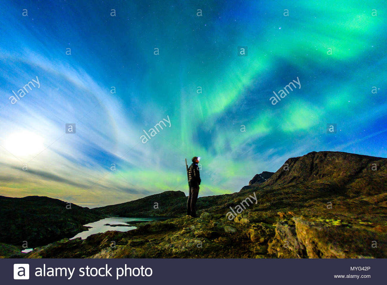 A polar bear guard stands under a full moon and Northern Lights. Stock Photo