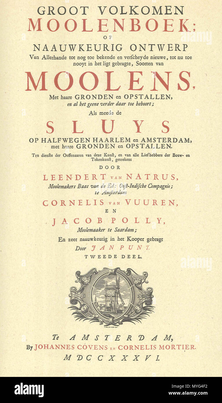 . Nederlands: titelpagina deel twee van het Groot volkomen moolenboek . 3 July 2014, 15:24:30. Leendert van Natrus, Jacob Polly, Cornelis van Vuuren 225 Gvm2p01 Stock Photo