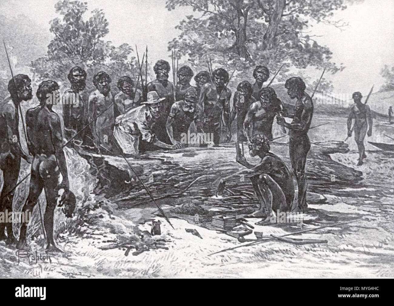 . English: An artist's impression of Batman's treaty with Port Philip, Australia aborigines in 1835 for the purchase of 600,000 acres of land. 1886 (First Published). unattributed 65 Batman signs treaty artist impression Stock Photo