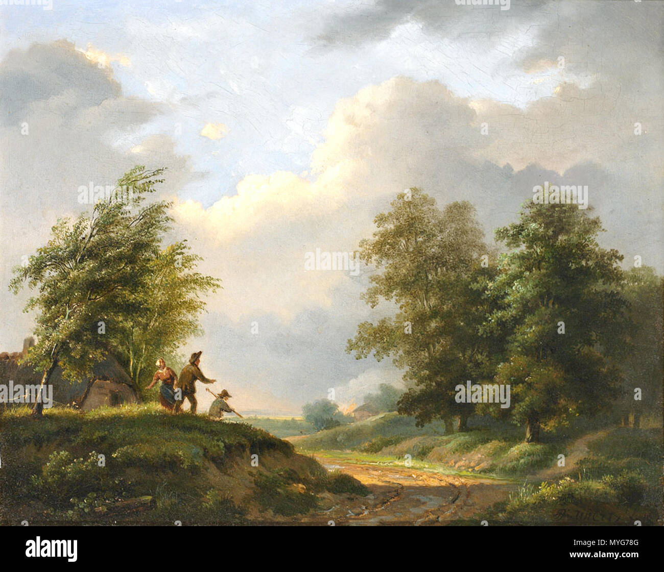 . Deutsch: Von einem Feuer auf offenem Feld aufgeschreckte Bauern in sommerlicher Landschaft. Datiert 185(). Öl auf Holz. 28,5 x 34 cm . between 1850 and 1859. Henricus Franziscus Wiertz (1784–1858) 236 Henricus Franziscus Wiertz Landschaft mit Feuer Stock Photo