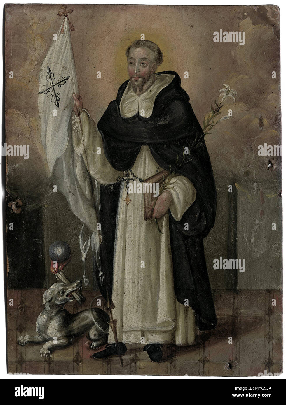 . Deutsch: Der hl. Dominikus mit Lilie und Fahne, Öl auf Kupfer. 22,6 x 16,7 cm . circa 1600. anonymous German painter 243 Hl Dominikus deutsch Stock Photo