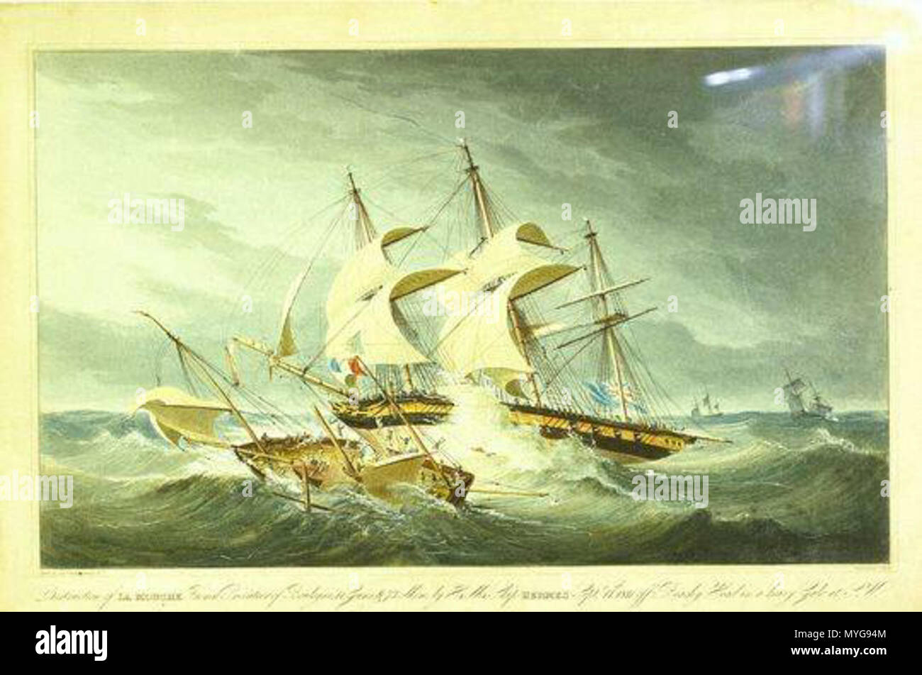 English: Destruction of La Mouche French Privateer of Boulogne.... by H.M.  Ship Hermes Septr 14th 1811 off Beachy Head in a heavy Gale. Unknown date.  Capt. Phillip Brown (artist), and I.