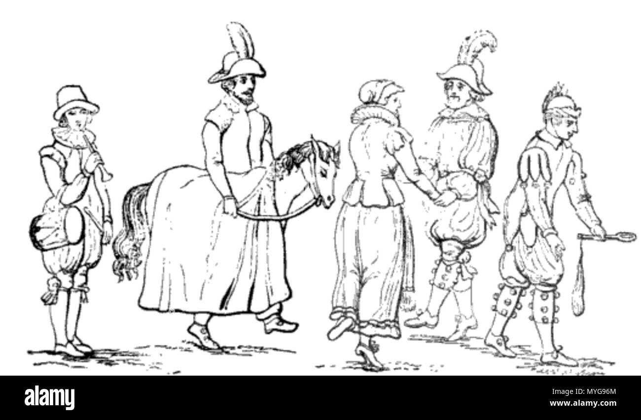 . Pipe and tabor player, morris dancers, and hobby horse, from the era of James I. 1897. William Andrews, editor. 'Towards the close of the reign of James I, Vickenboom painted a picture, Richmond Palace, and in it a company of Morris-dancers form an attractive feature. The original painting includes seven figures, consisting of a fool, hobby-horse, piper, Maid Marion, and three dancers. We give an illustration of the first four characters and one of the dancers, from a drawing by Douce, produced from a tracing made by Grose. The bells on the dancer and the fool are clearly shown.' 243 Hobbyho Stock Photo