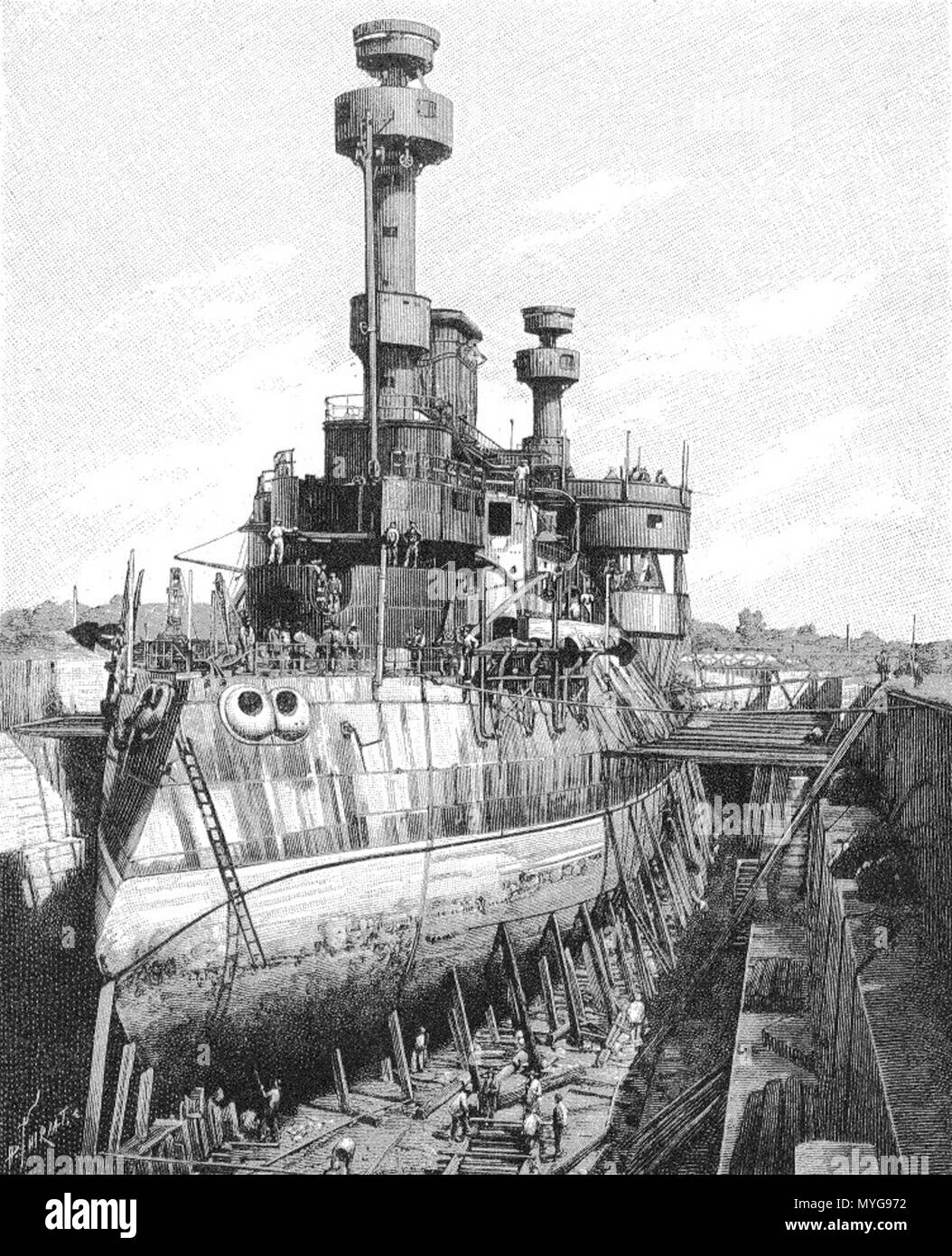 . English: French battleship Hoche . 1890. Paul Thiriat 243 Hoche-Paul Thiriat Stock Photo
