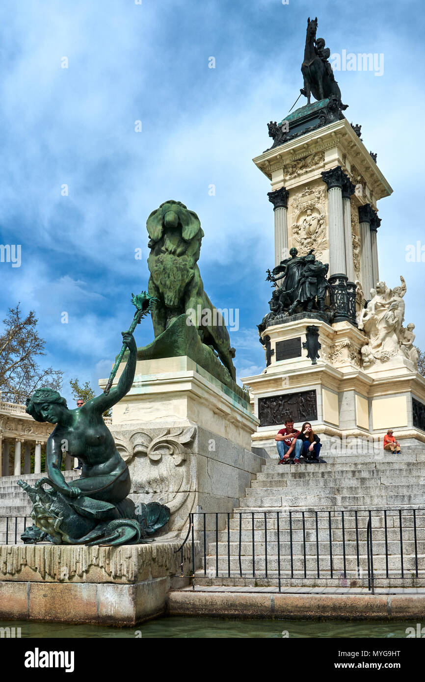 MADRID, SPAIN - APRIL 23, 2018: Close view of the Monument to the spanish king Alfonso XII in the Park of Good Retirement (Parque del Buen Retiro). Stock Photo