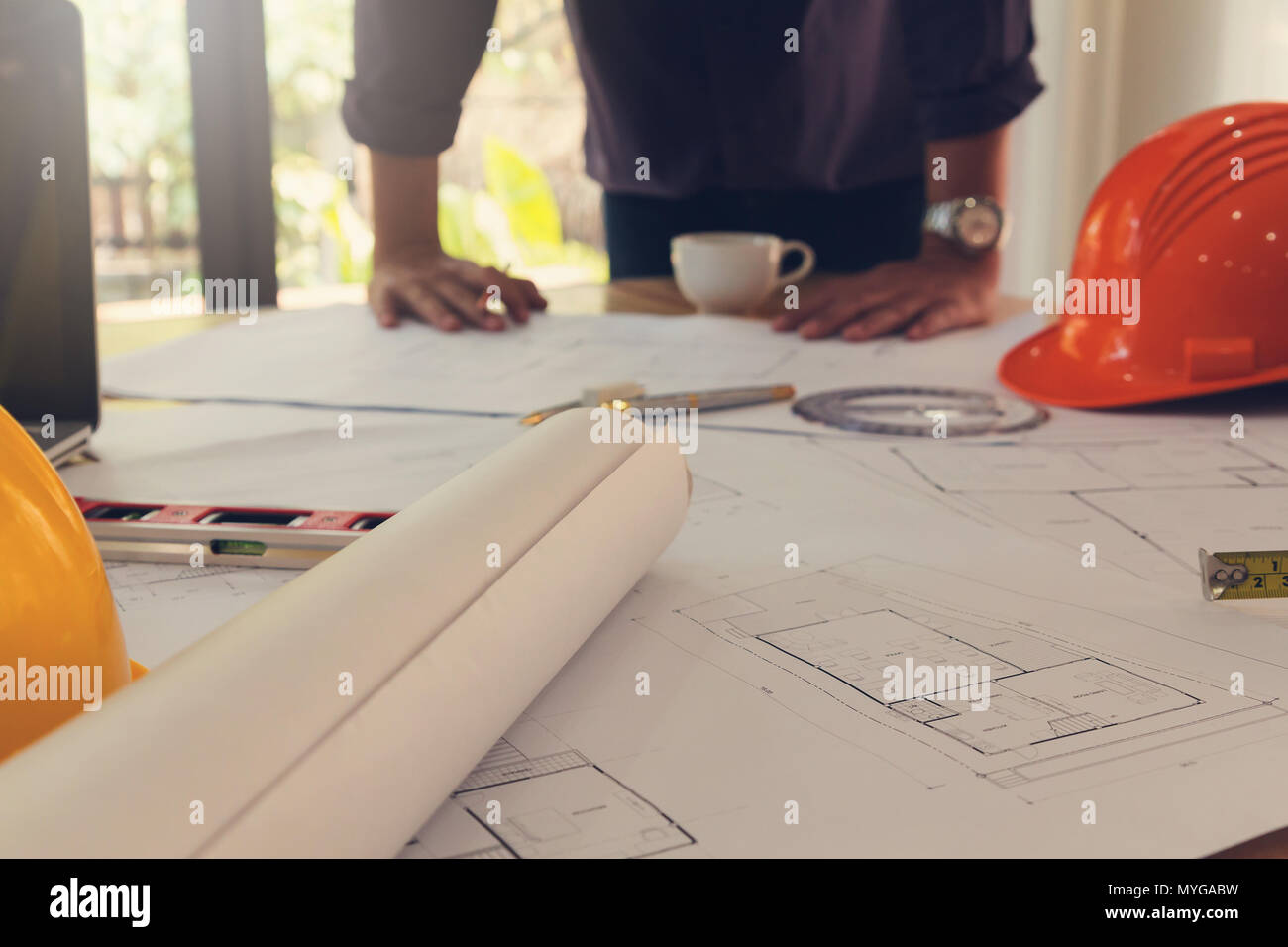 Architect concept, Architects office working with blueprints Stock Photo