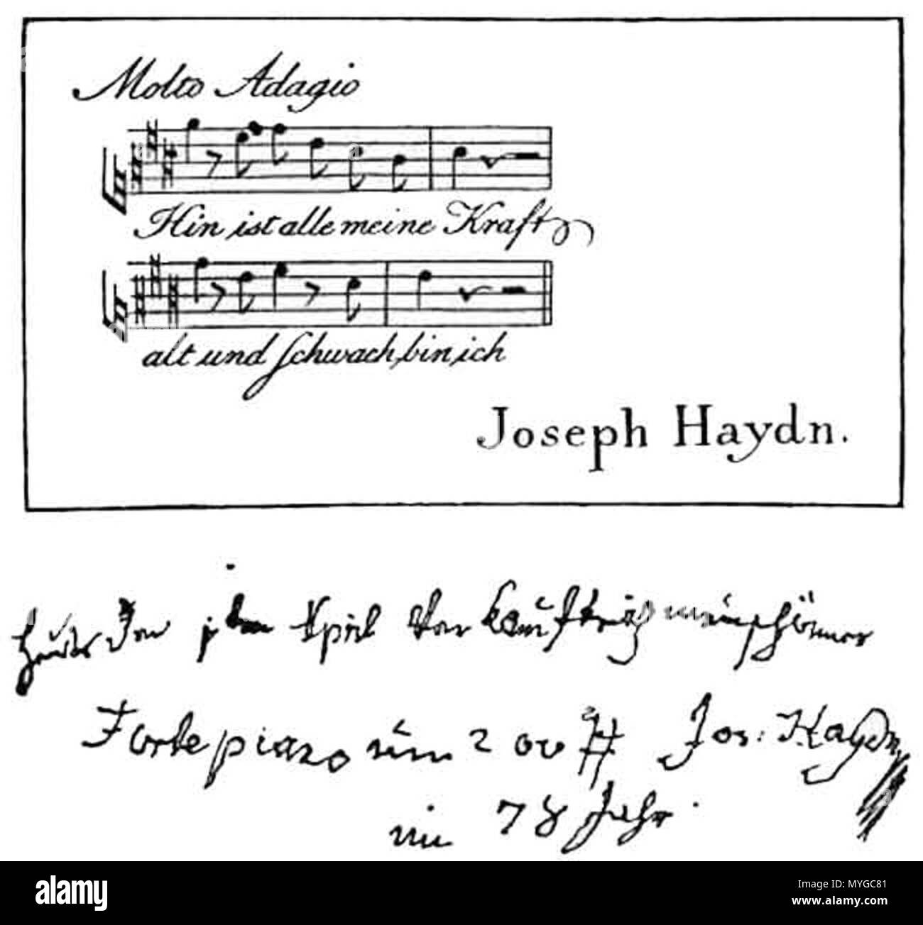 . English: Last calling card of Joseph Haydn carrying the first four bars of the soprano part of his 1796 four-part setting of 'Der Greis', a poem by Johann Wilhelm Ludwig Gleim. The note below reads: 'Heute den 1ten April verkaufte ich mein schönes Fortepiano um 200 fl' followed by the signature 'Jos: Haydn' and the date line 'im 78 Jahr': 'Today, April 1st, I sold my beautiful piano for 200 Gulden'. That date is April 1st, 1809 (Haydn's 78th year, he'd entered the day before, having just turned 77) two months before his death on May 31st. 1 April 1809.   Joseph Haydn  (1732–1809)       Alter Stock Photo
