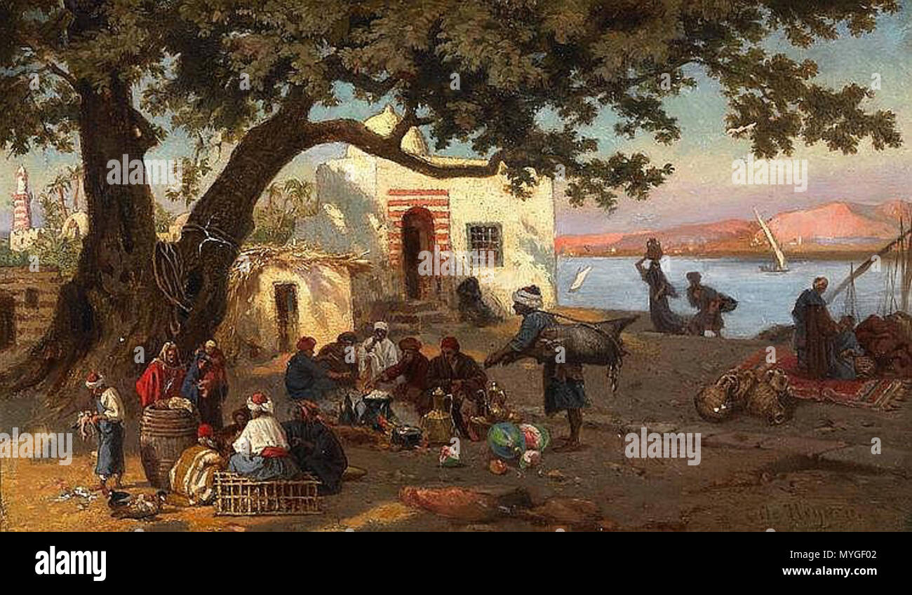 . English: Otto Heyden: On the Banks of the Nile. A family cooking in the shade./ Am Ufer des Nils. Familie im Schatten an der Kochstelle Signed lower right: Otto Heyden. Oil on paper. Laid on canvas. 25,5 x 42cm. Framed. Lot 706, Van Ham Auktionen May 11, 2012 . 1869. Otto Heyden 240 Heyden Nil Stock Photo