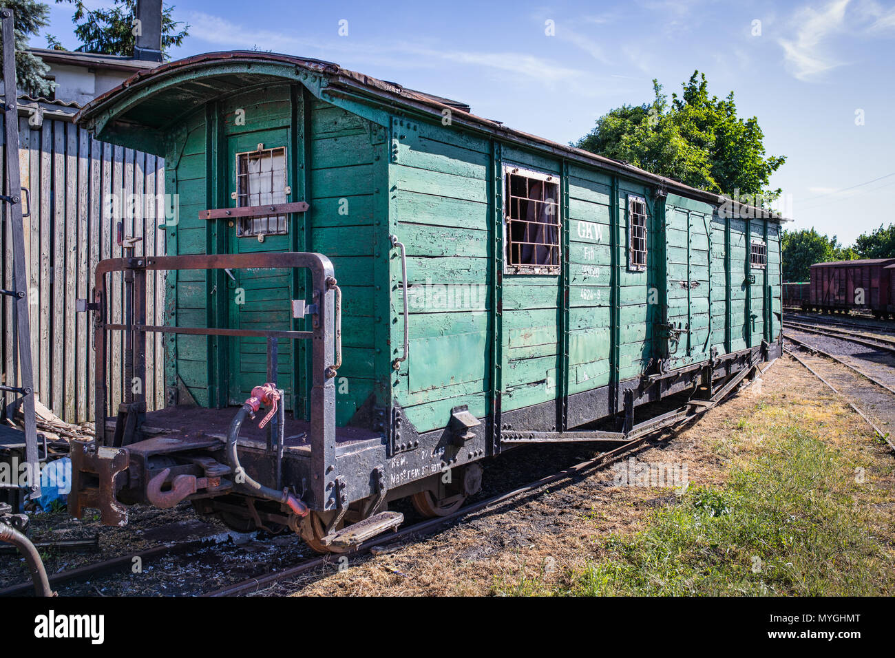Railways - old, vintage car, carriage of the narrow-gauge railway in Gniezno, Poland. Stock Photo