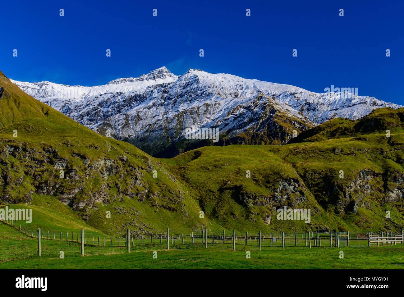 Snow mountains and natural views in Matukituki Valley area, Mount Aspiring National Park, South Island, New Zealand Stock Photo
