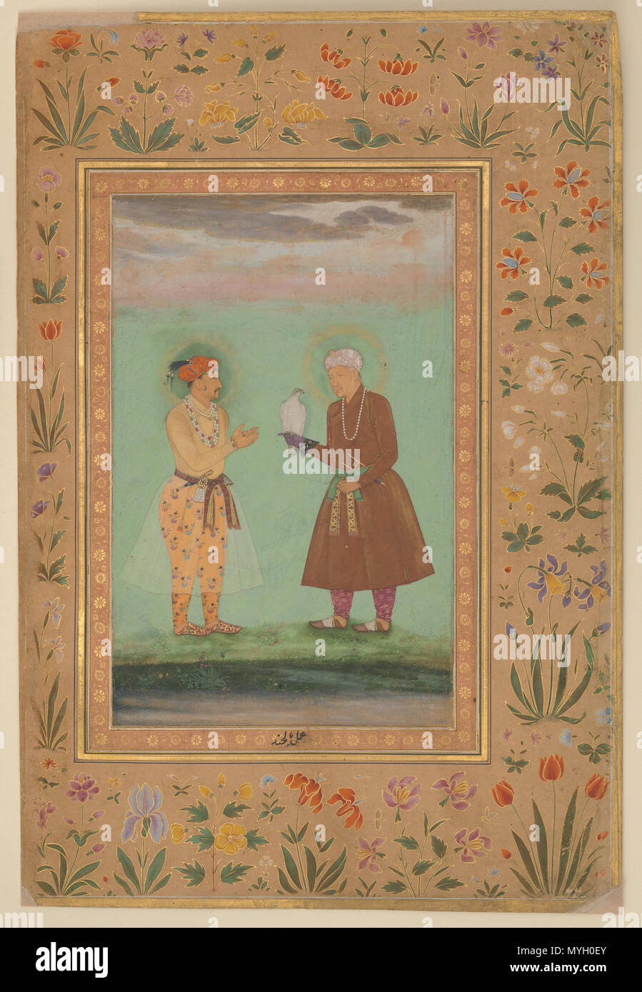 . 'Jahangir and his Father, Akbar', Folio from the Shah Jahan Album Painting by Balachand Calligrapher:  Mir 'Ali Haravi (d. ca. 1550) Object Name:  Album leaf Reign:  Shah Jahan (1628–58), verso Date:  verso: ca. 1630; recto: ca.1540–50 Geography:  India Medium:  Ink, opaque watercolor, and gold on paper Dimensions:  H. 15 3/8 in. (39 cm) W. 10 3/8 in. (26.3 cm) Classification:  Codices Credit Line:  Purchase, Rogers Fund and The Kevorkian Foundation Gift, 1955 Accession Number:  55.121.10.19 This artwork is not on display  Share  Add to MyMet   Signatures, Inscriptions, and Markings   Signat Stock Photo