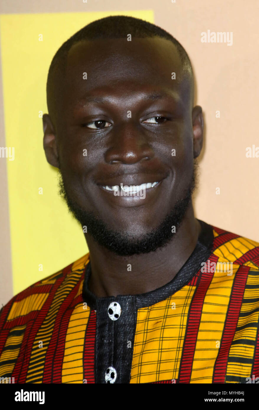 Feb 08, 2018 - Stormzy attending 'Black Panther' European Premiere at Hammersmith Apollo in London, England, UK Stock Photo