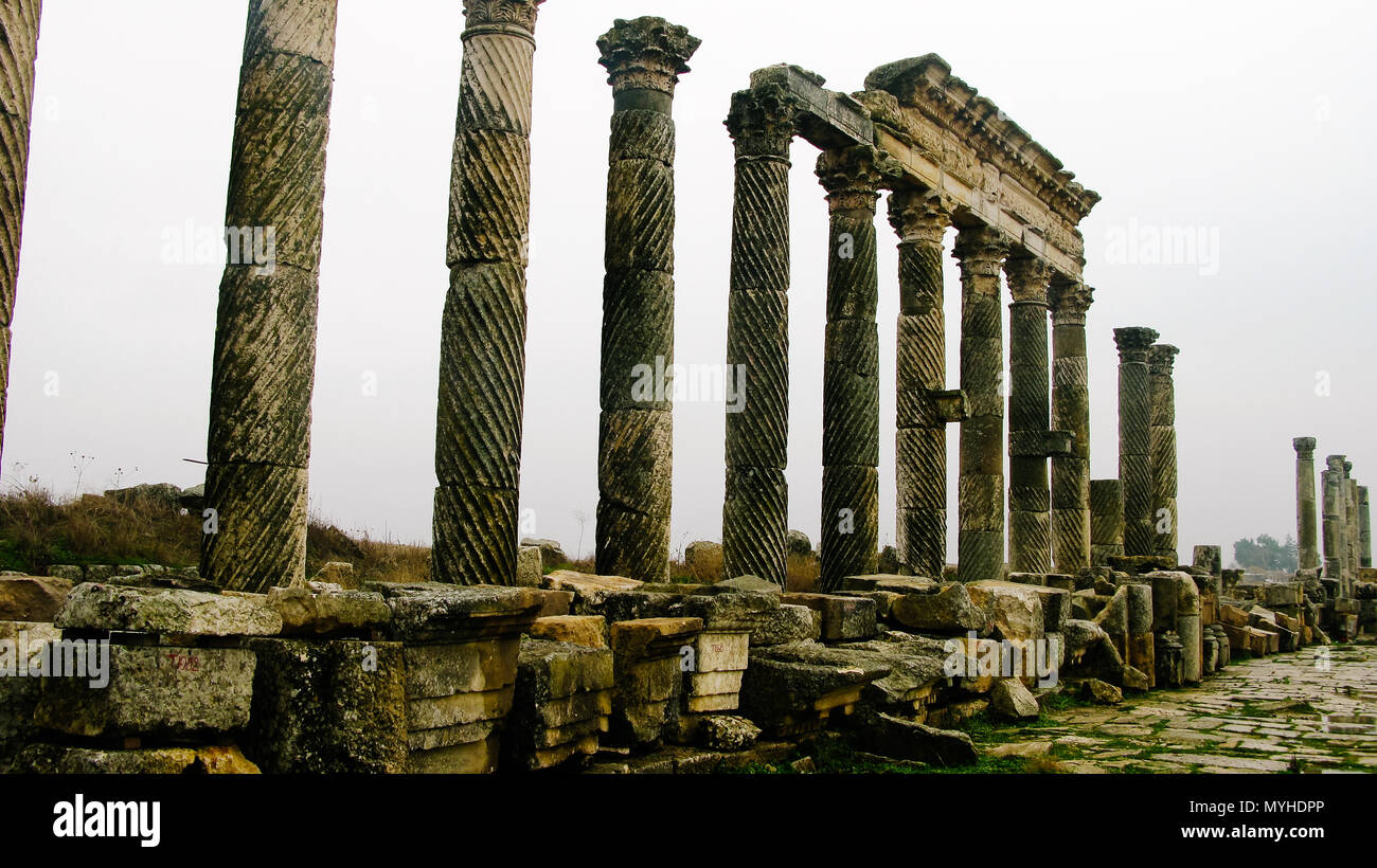 Great Colonnade at Apamea in fog, partially destroyed now , Syria Stock Photo