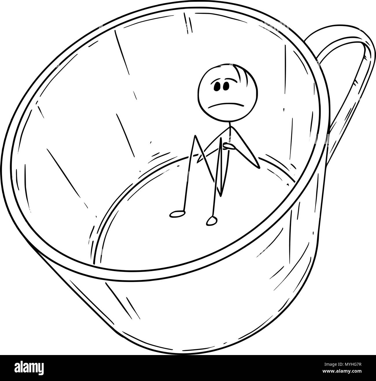 Cartoon of Sad and Depressed Man or Businessman Sitting in Empty Coffee Cup Stock Vector