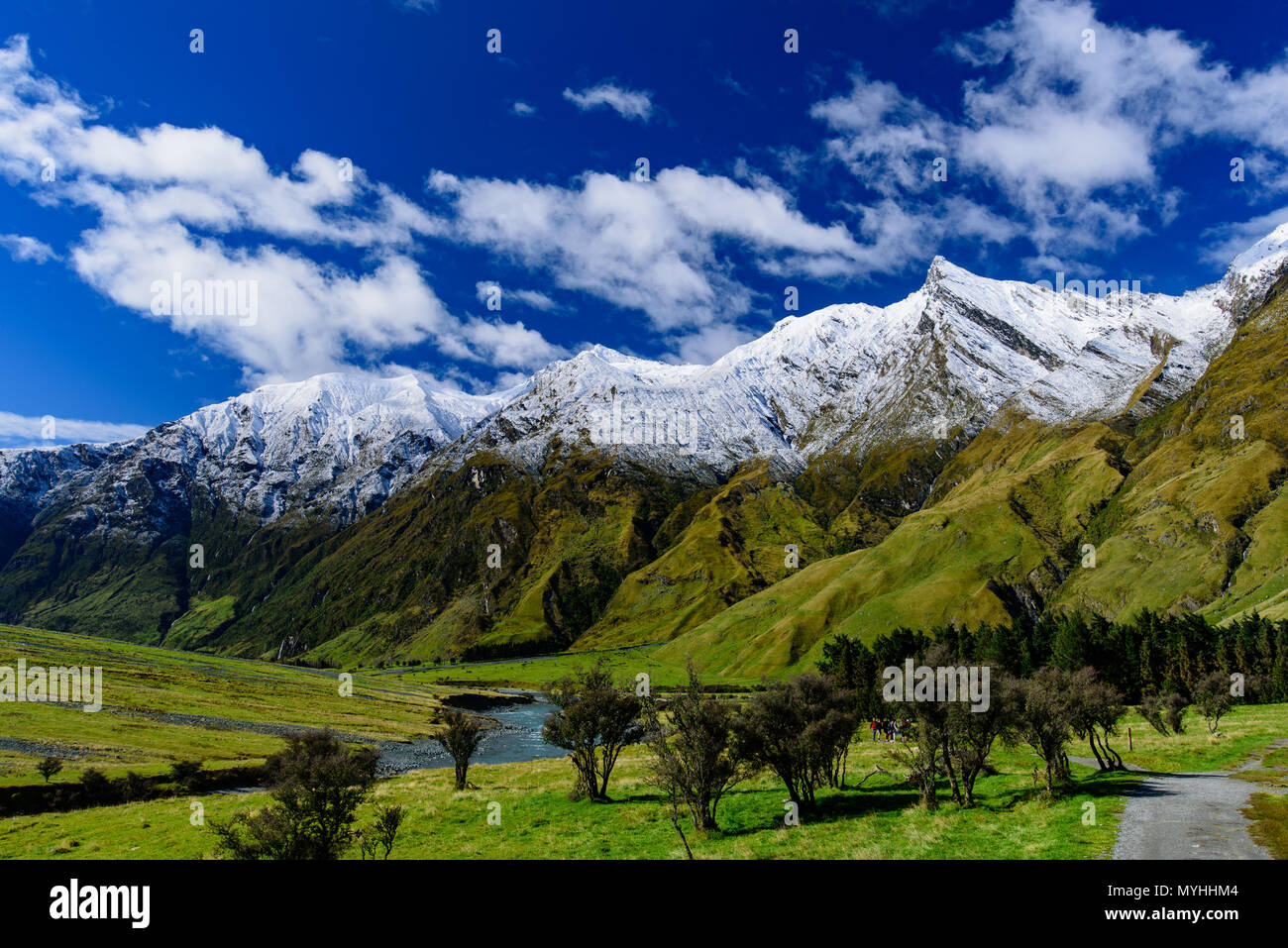 Snow mountains and natural views in Matukituki Valley area, Mount Aspiring National Park, South Island, New Zealand Stock Photo