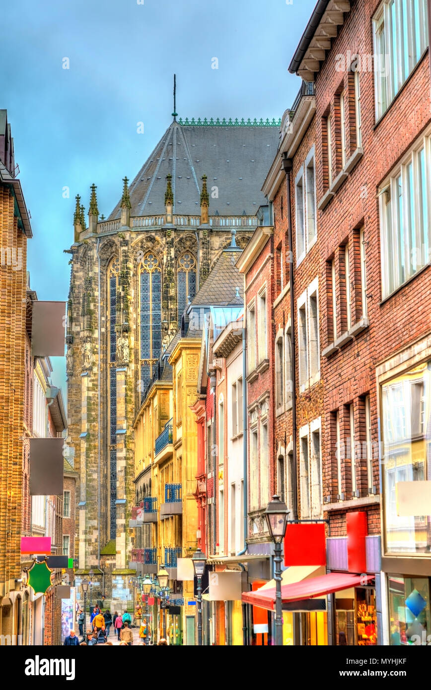 Street in the old town of Aachen leading to the Cathedral. Germany Stock Photo