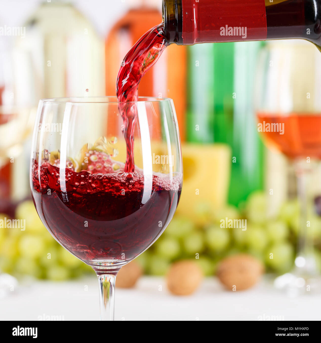 Wine pouring glass bottle red pour square squared Stock Photo