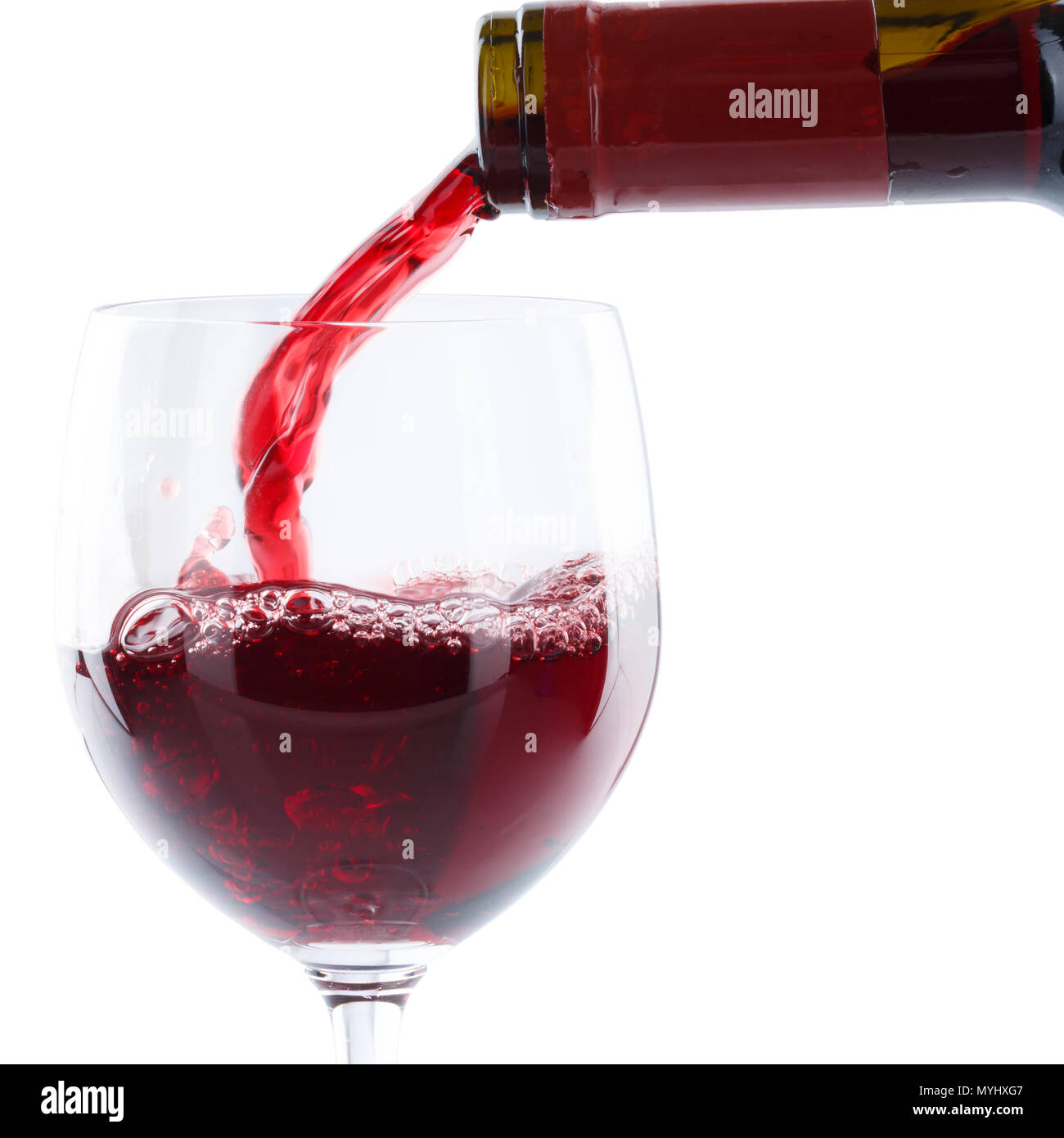 Wine pouring glass bottle red pour square isolated on a white background Stock Photo