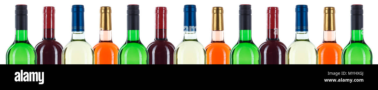Collection of wine bottles bottleneck in a row red banner isolated on a white background Stock Photo