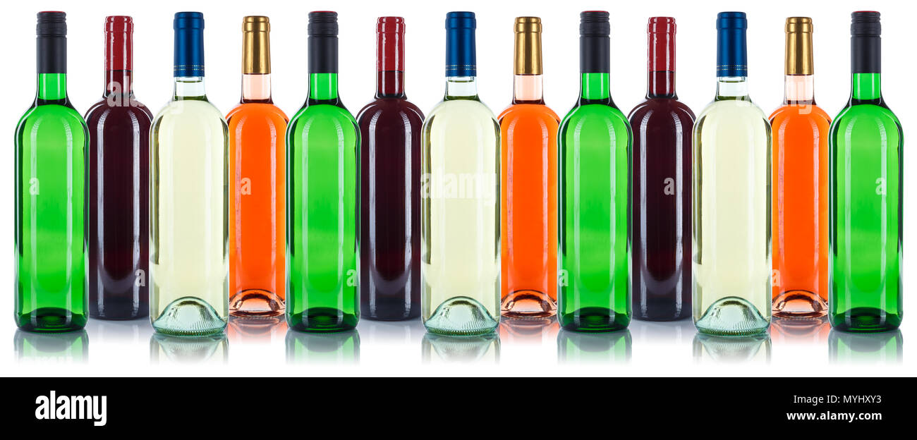 Collection of wine bottles in a row red isolated on a white background Stock Photo