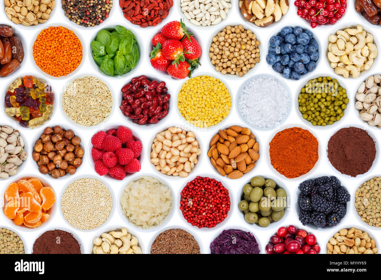 Collection of fruits and vegetables berries background from above isolated on a white background Stock Photo