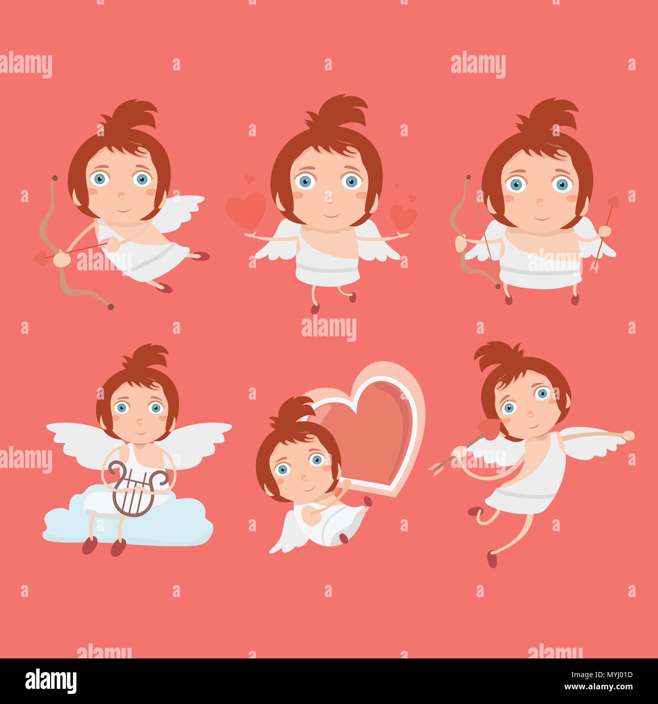 Cupid angels icons set - little boy with a bow and arrows. Stock Vector