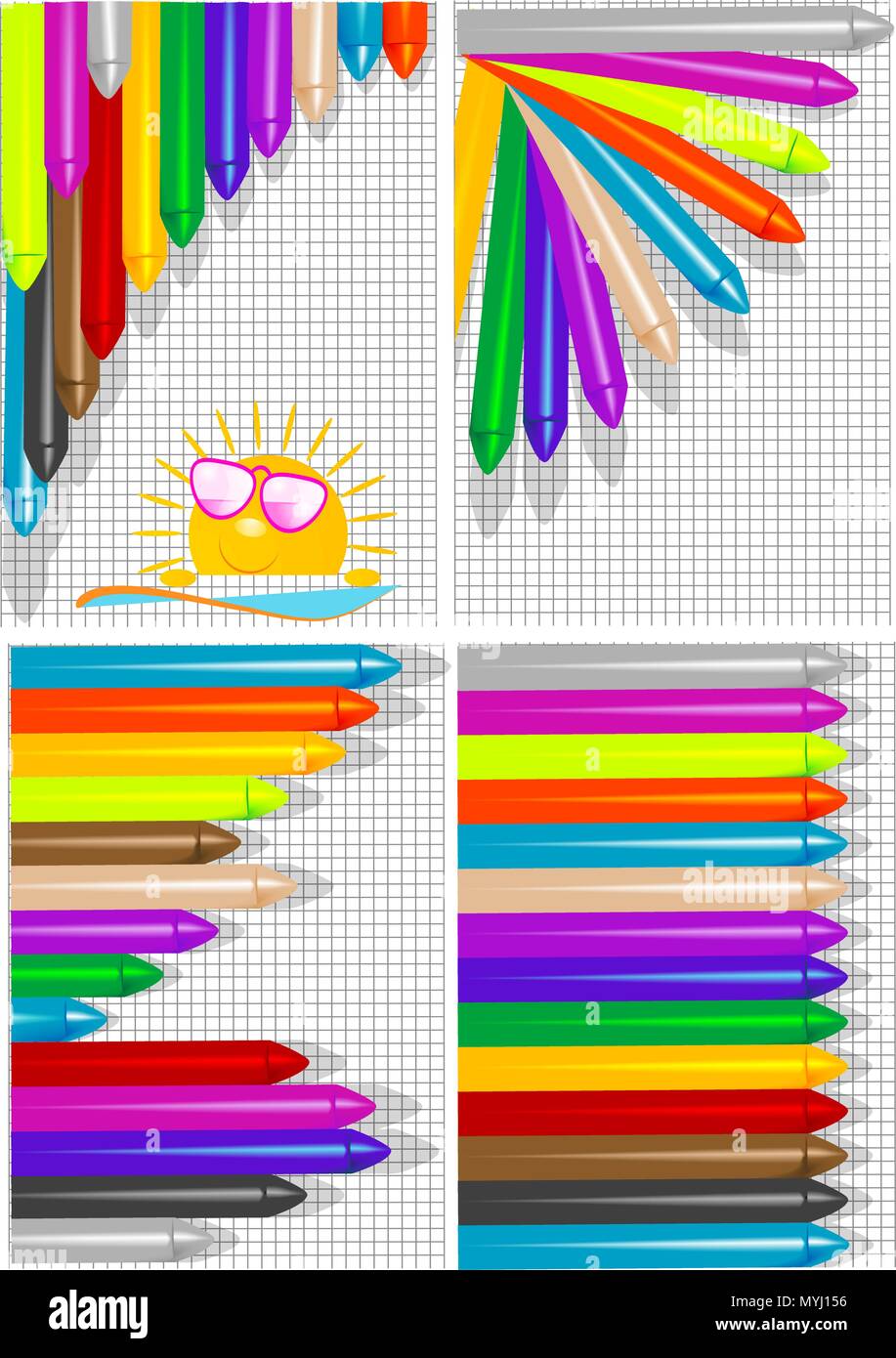 four backgrounds with different colored crayons Stock Vector