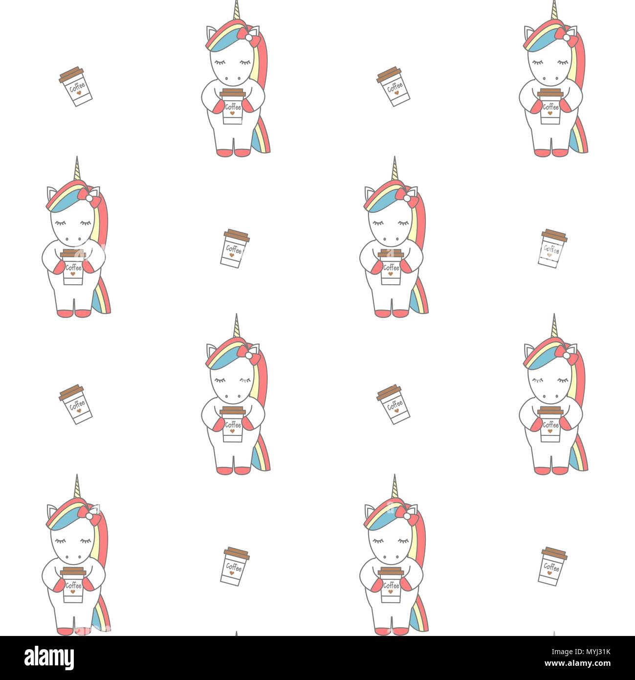 cute cartoon unicorn with coffee seamless vector pattern background ...