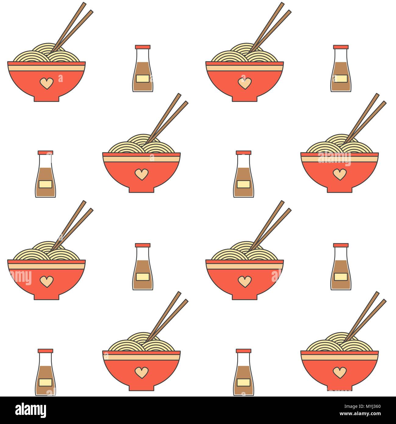cute cartoon vector bowl with noodle seamless vector pattern background