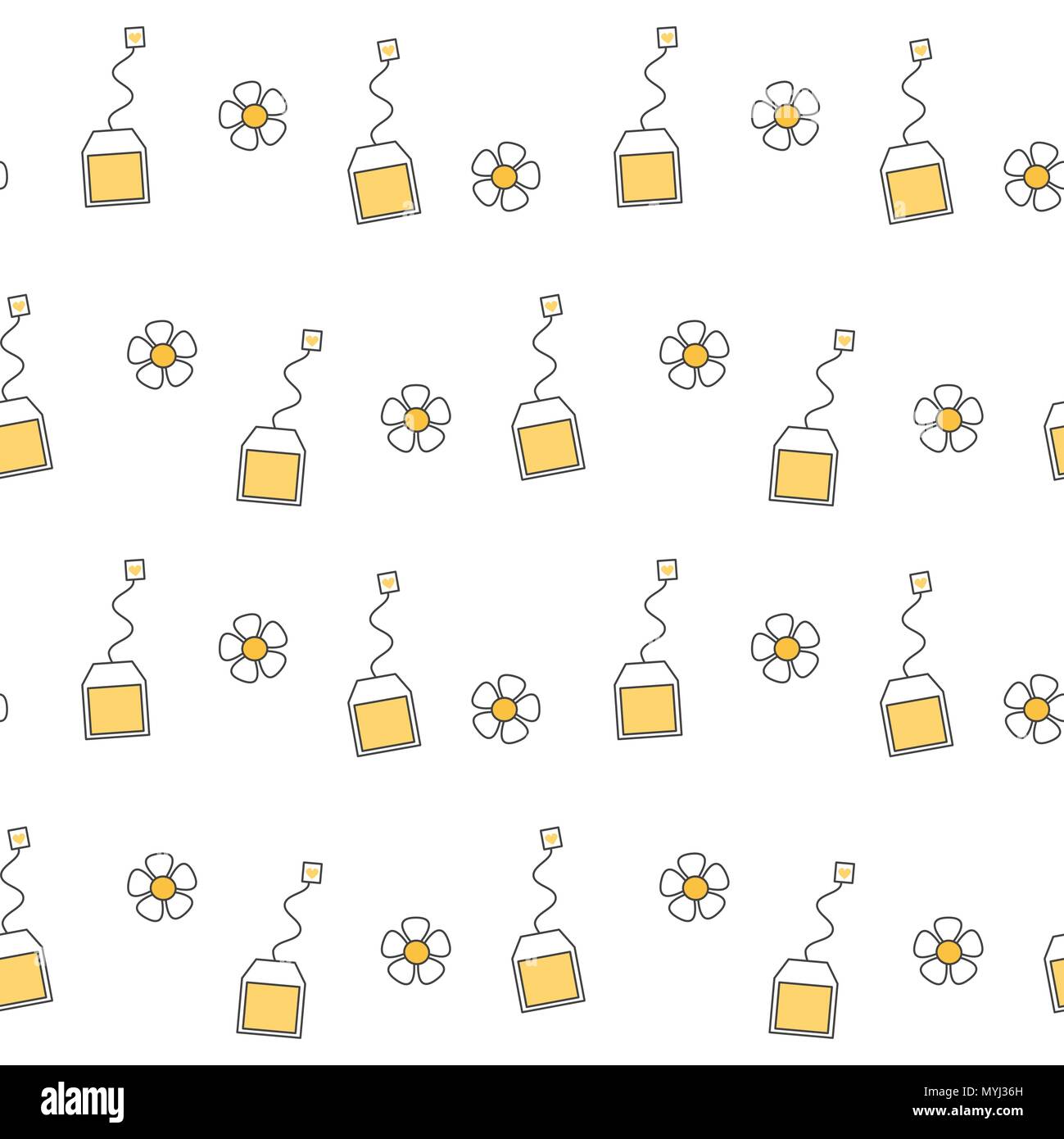 cute cartoon chamomile tea bags seamless vector pattern background illustration Stock Vector