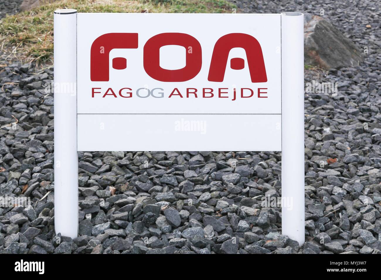 Middelfart, Denmark - April 21, 2018: FOA logo on a panel. FOA is the Danish union of public employees Stock Photo