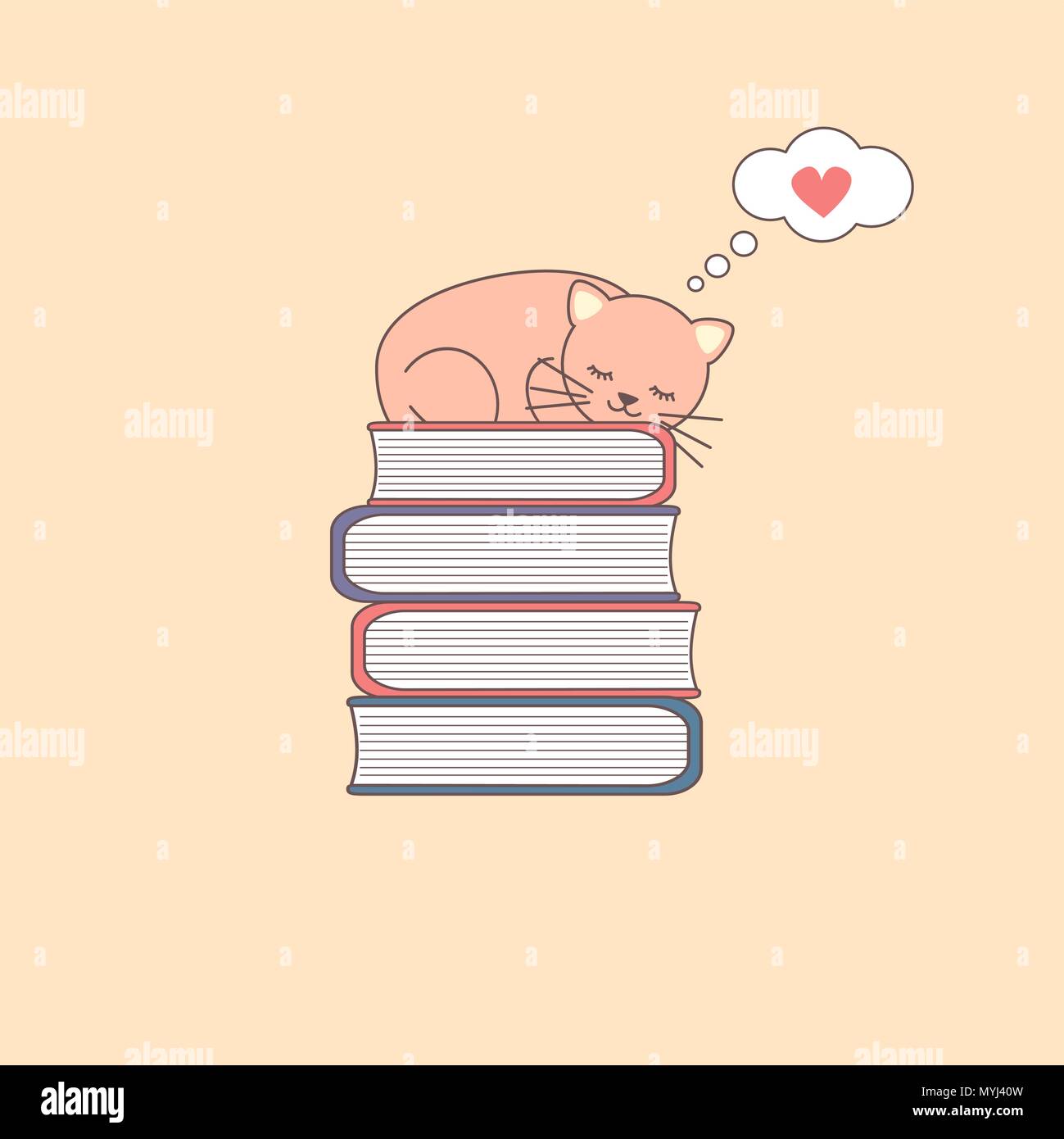 Sleeping cartoon cat on a pile of books vector illustration Stock ...