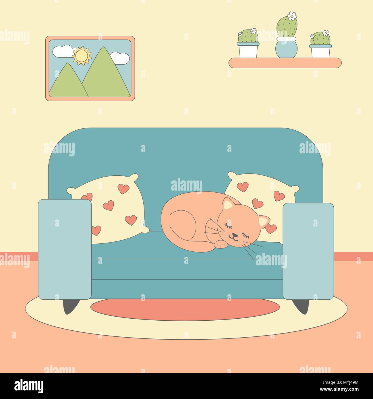 cute lovely cartoon vector illustration with cat lying on blue sofa Stock Vector